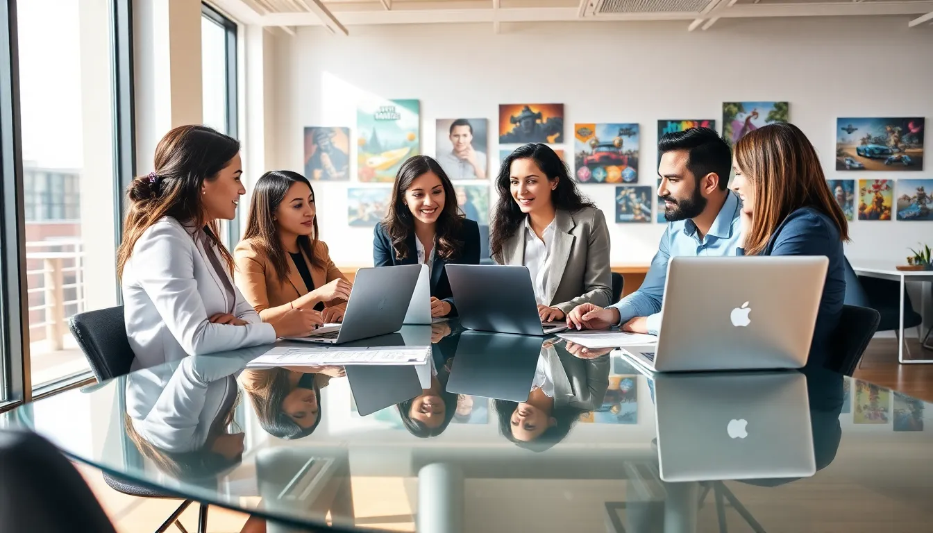 diverse team collaborating in a modern gaming office.