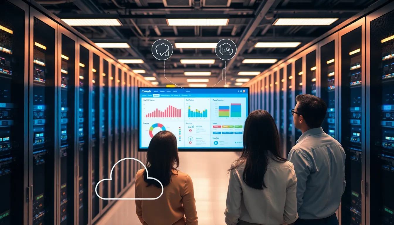 professionals discussing cloud computing infrastructure in a modern data center.
