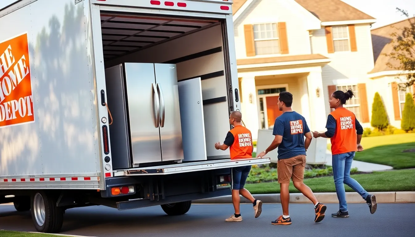 Home Depot delivery truck unloading appliances at a suburban home.