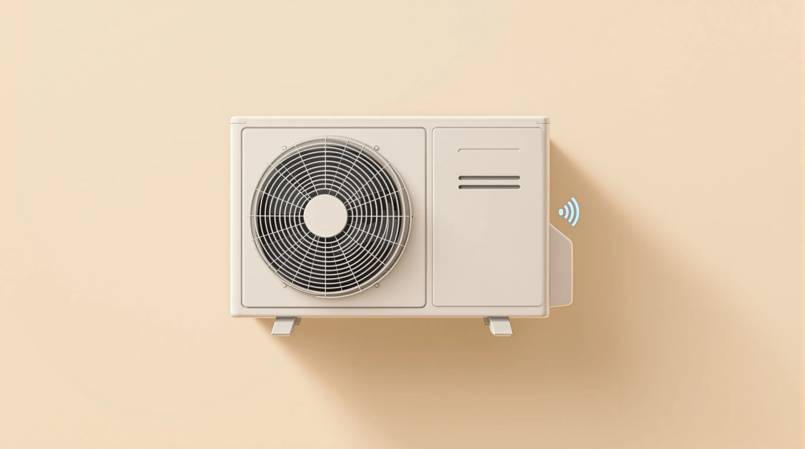 Minimalist heat pump outdoor unit with quiet sound wave symbol on neutral background.