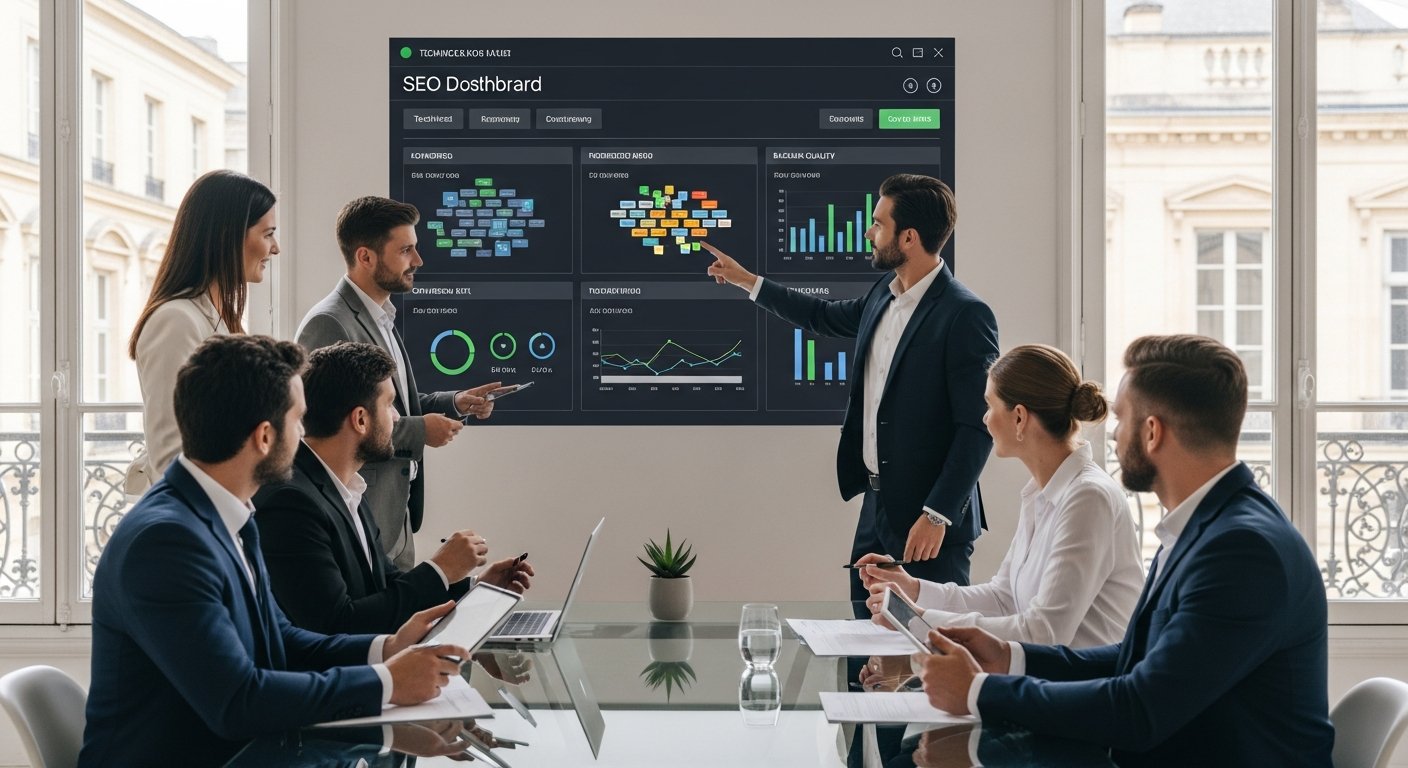 SEO consultants reviewing strategy dashboard in a modern Bordeaux office.