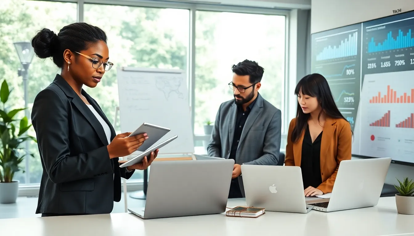 diverse professionals collaborating on side hustle ideas in a modern office.