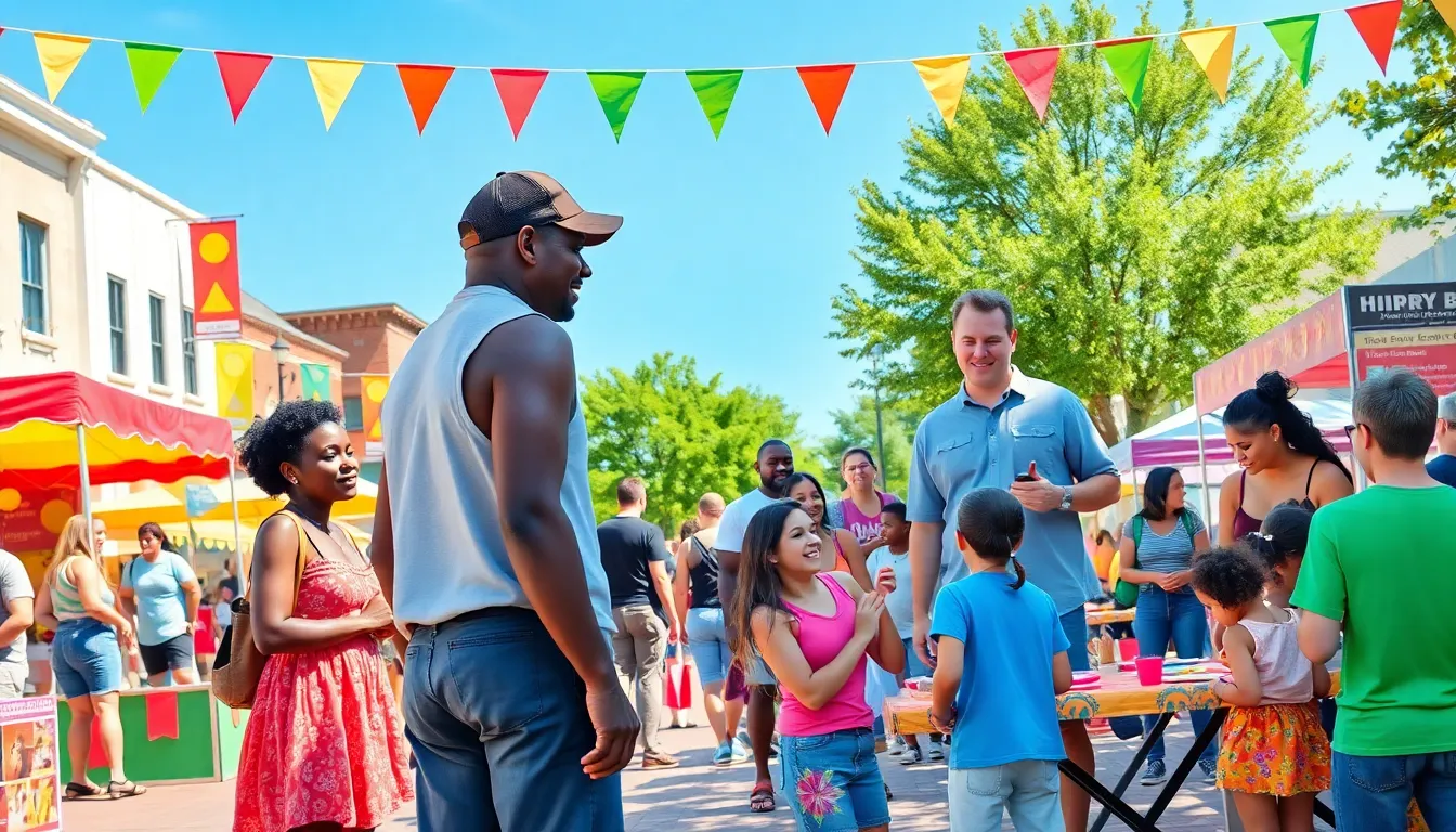 community festival with families enjoying budget-friendly activities in a sunny town square.