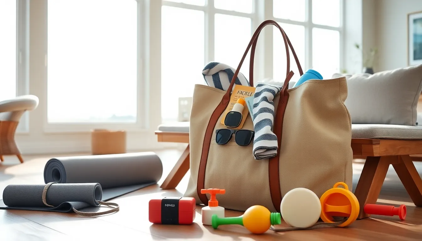 A well-organized beach bag packed with essentials in a sun-filled room.