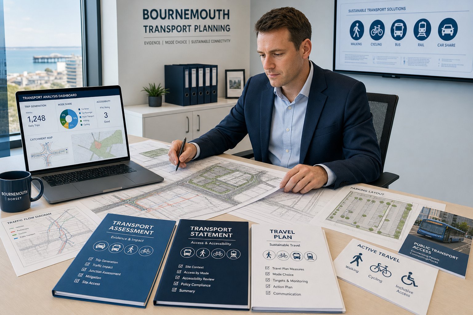 Traffic engineer reviewing transport planning reports in a modern UK office.