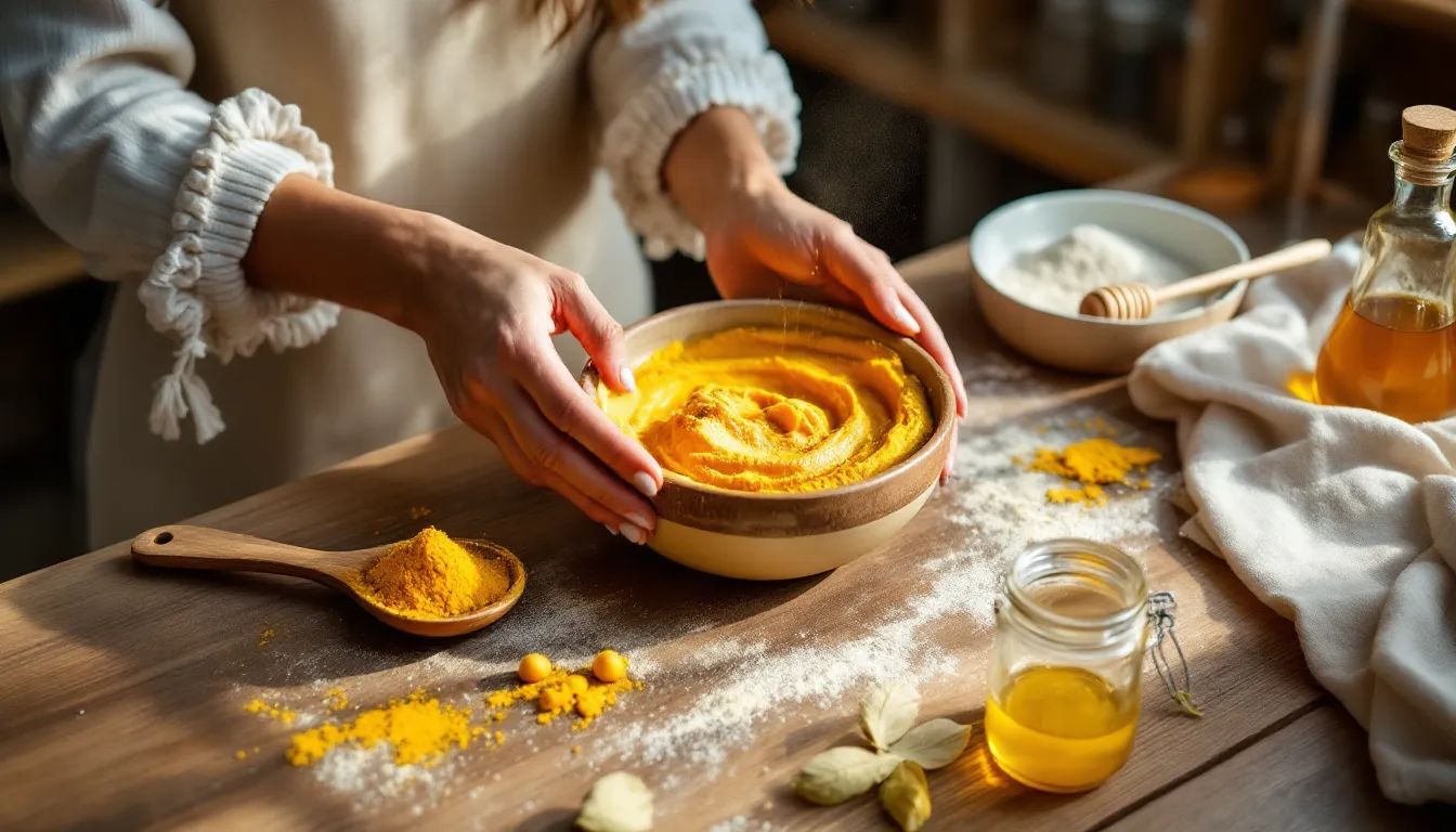 Hands mixing chickpea flour and turmeric in a ceramic bowl with natural skincare ingredients nearby.