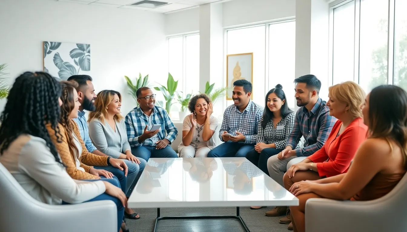 diverse parents in a supportive conversation at a community center.