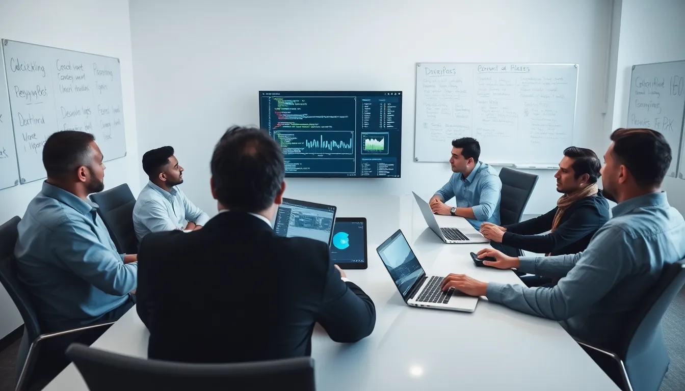 diverse team collaborating on solving the Doayods Bug in a modern office.