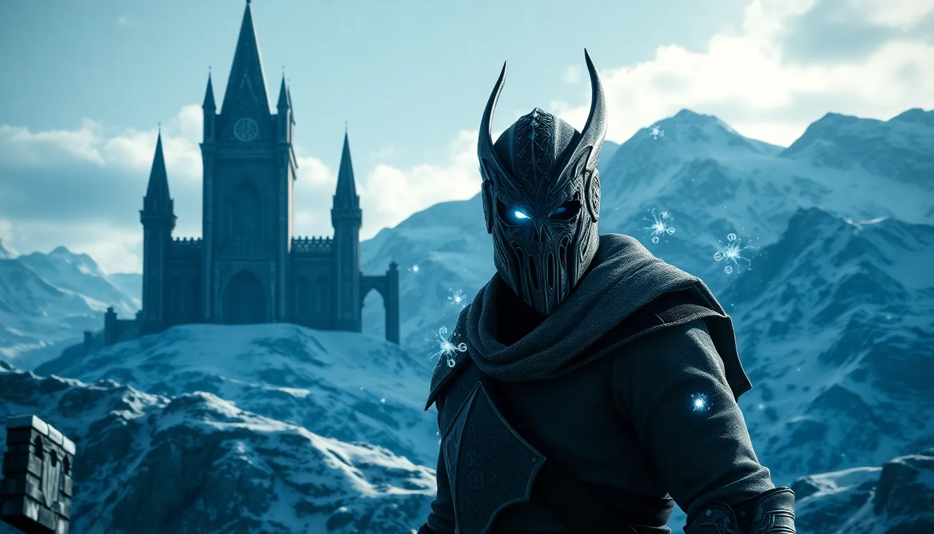 heroic character in Skyrim wearing a fantasy face mask on a snowy mountain.