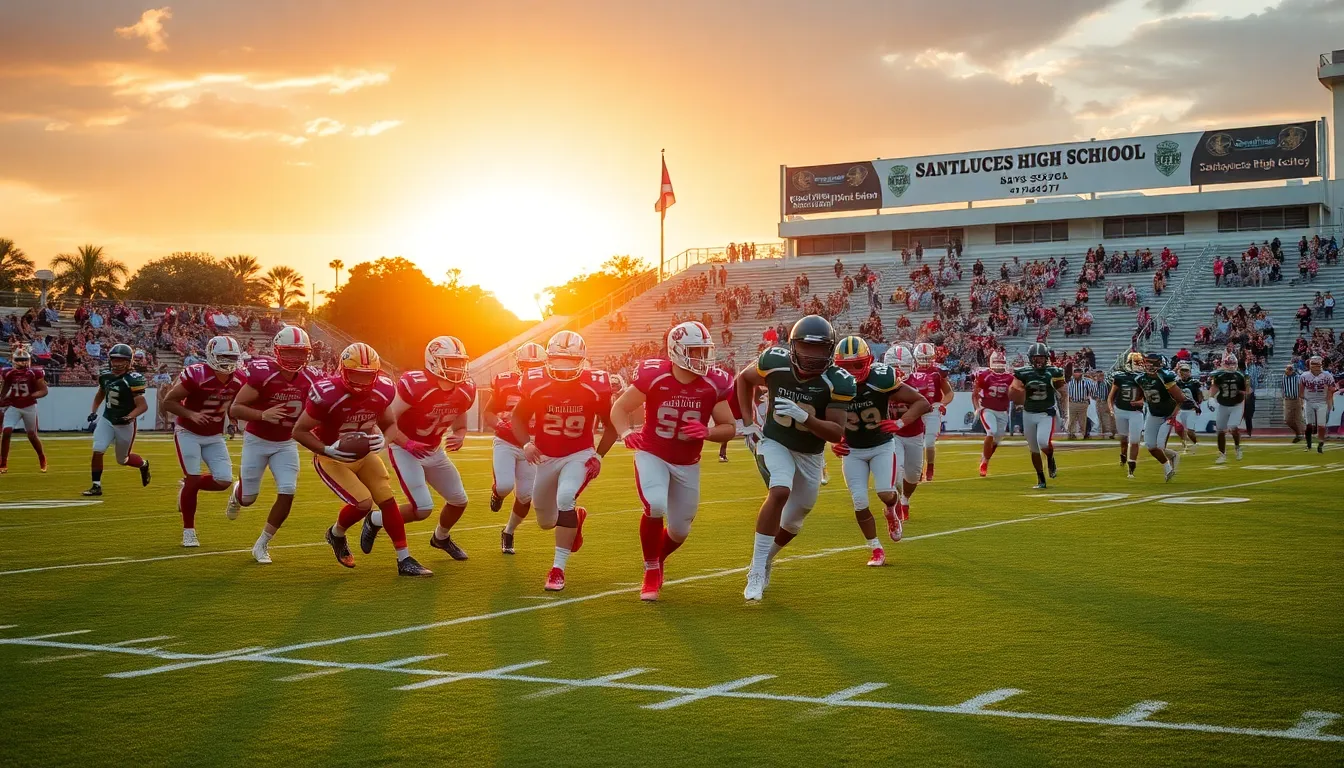 high school football players in action at Santaluces High School.