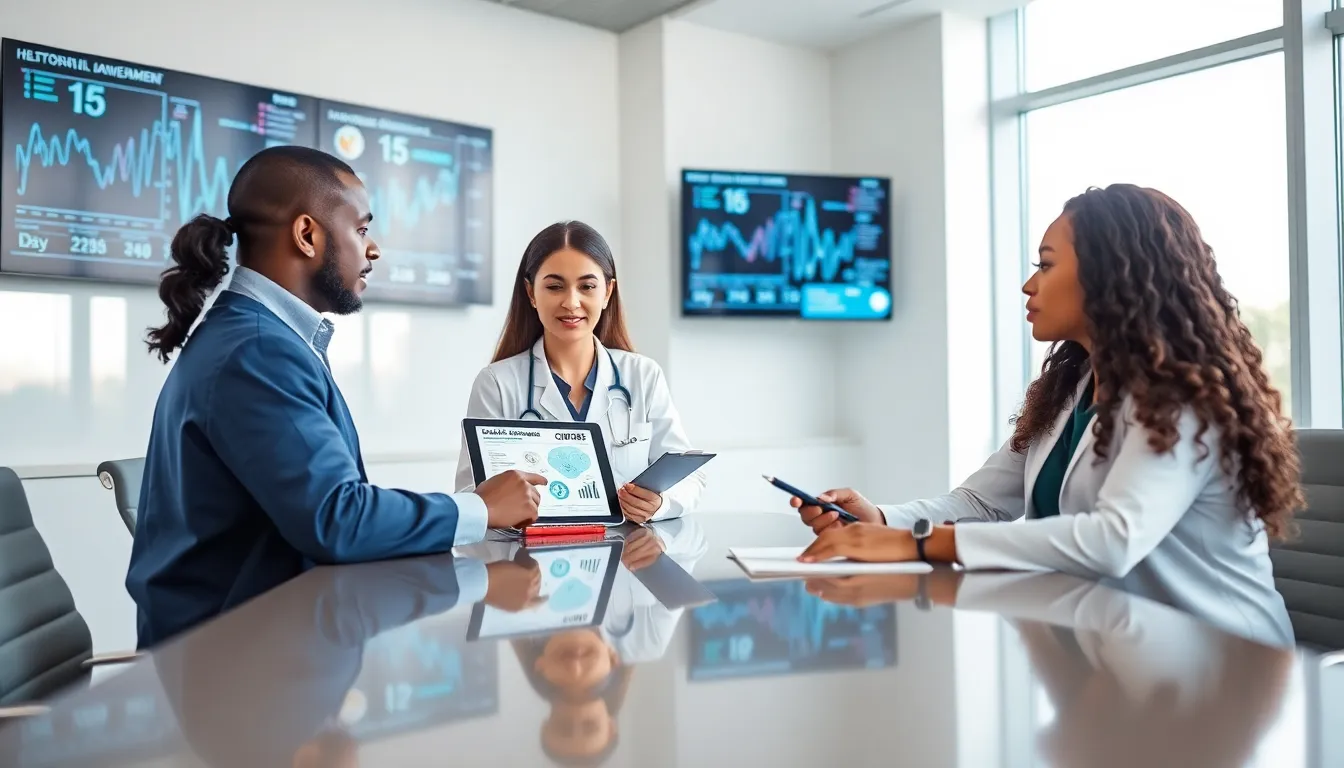 healthcare professionals discussing CID10M545 in a modern office.