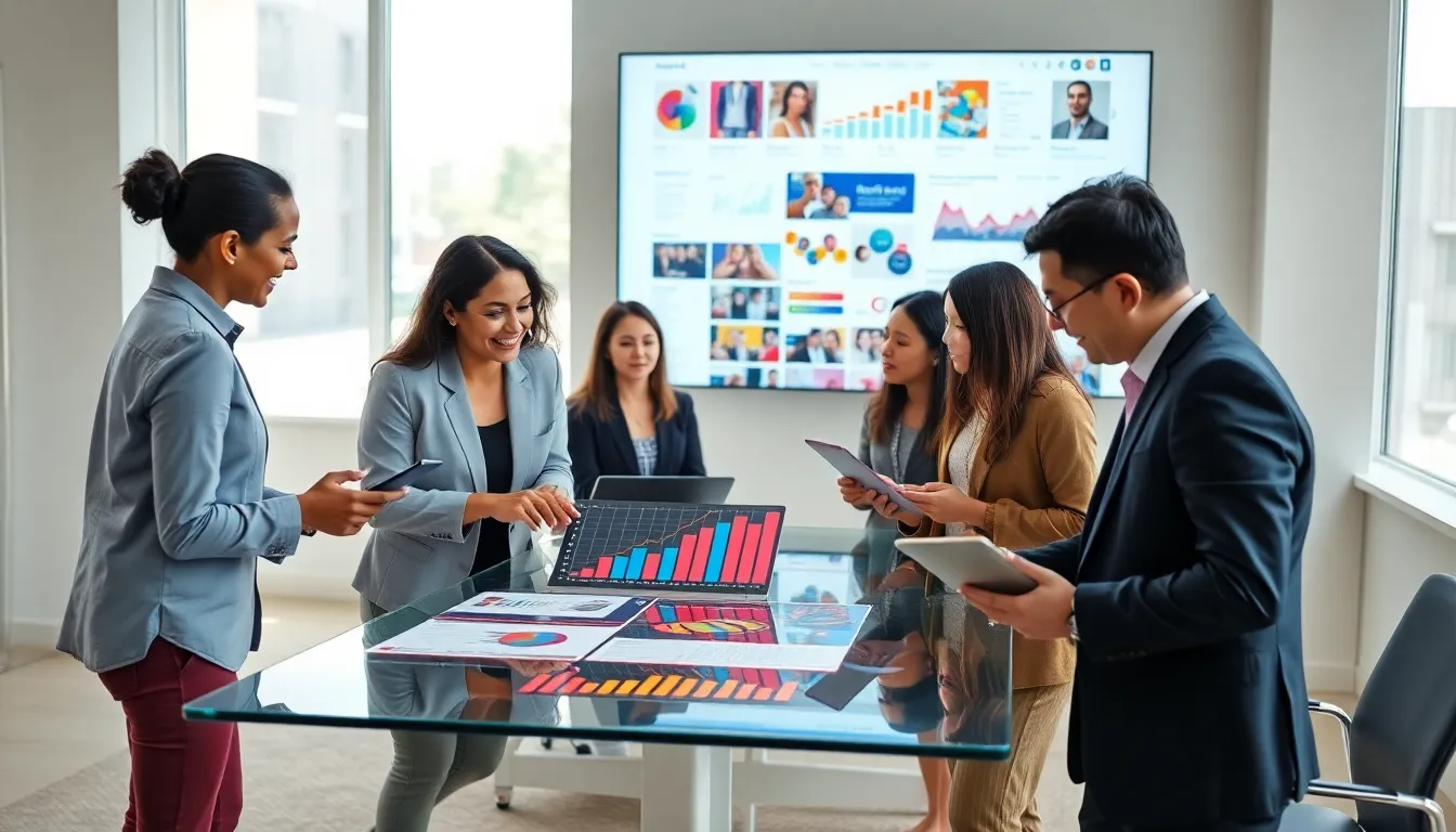 diverse team collaborating on a social media project in a modern office.