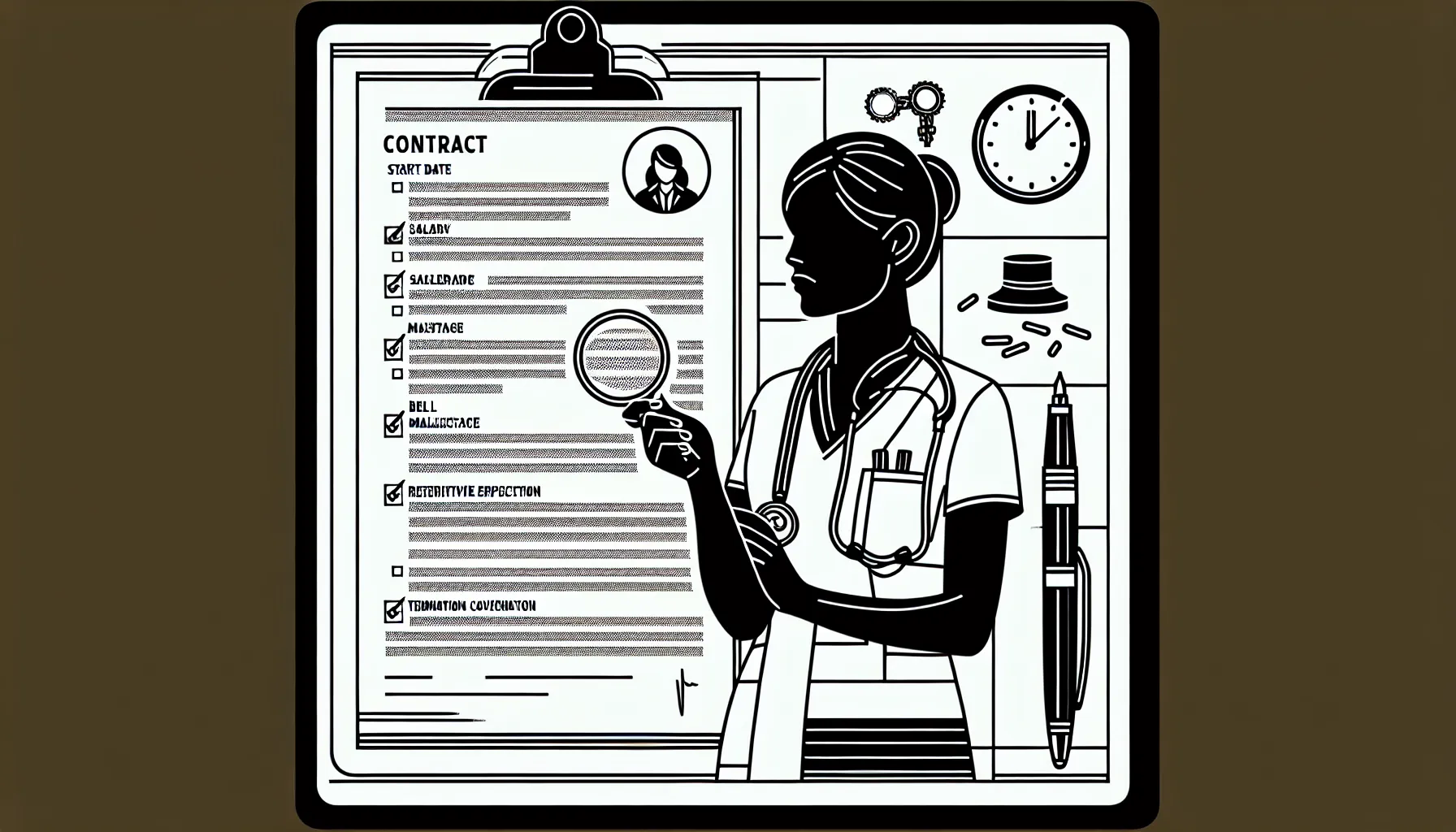 Physician reviewing a contract checklist with magnifying glass and calendar of How To Negotiate A Physician Contract.