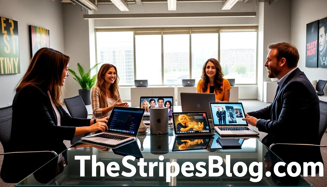 diverse team discussing entertainment in a modern office.