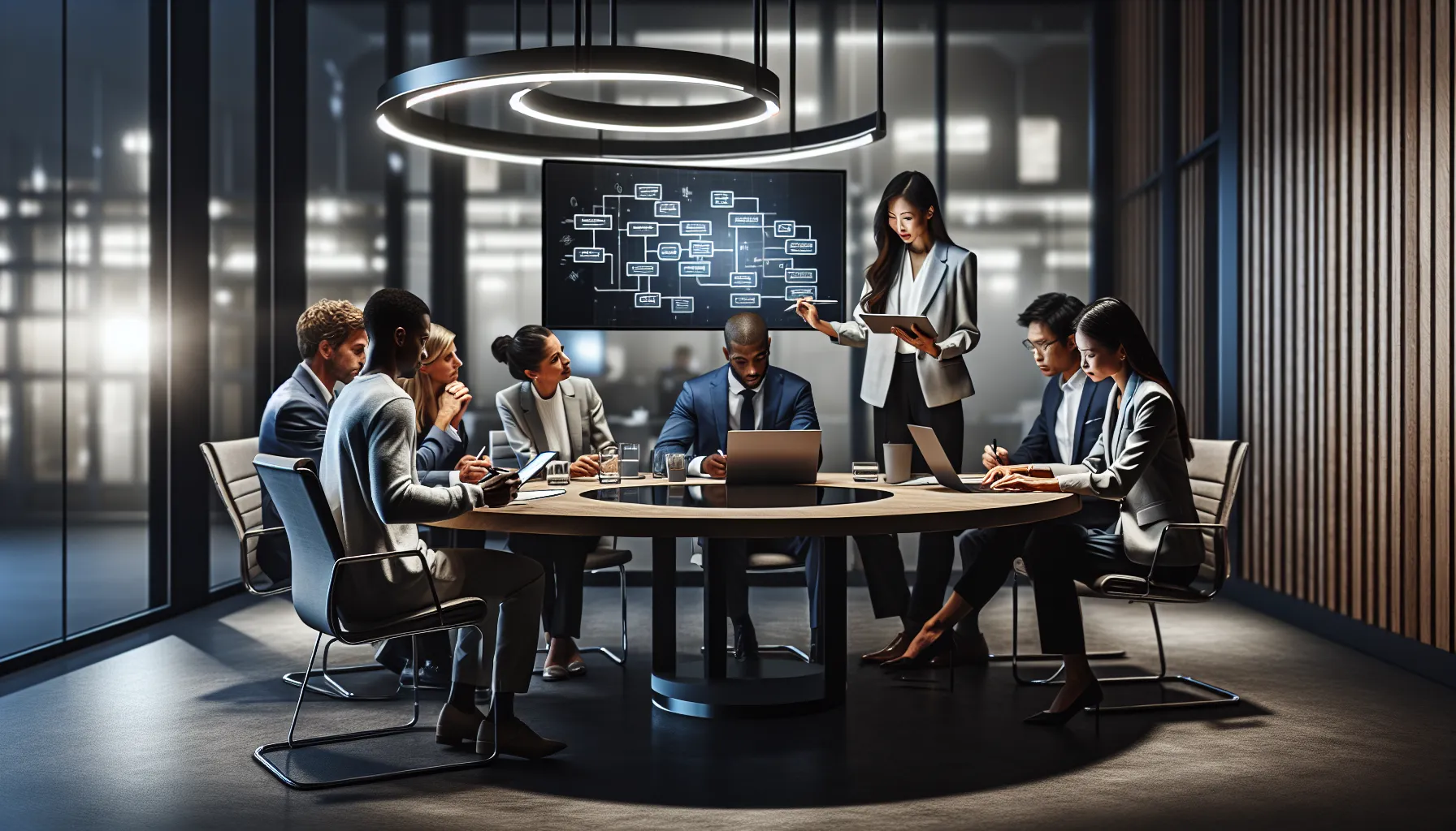 diverse team discussing solutions in a modern office setting.