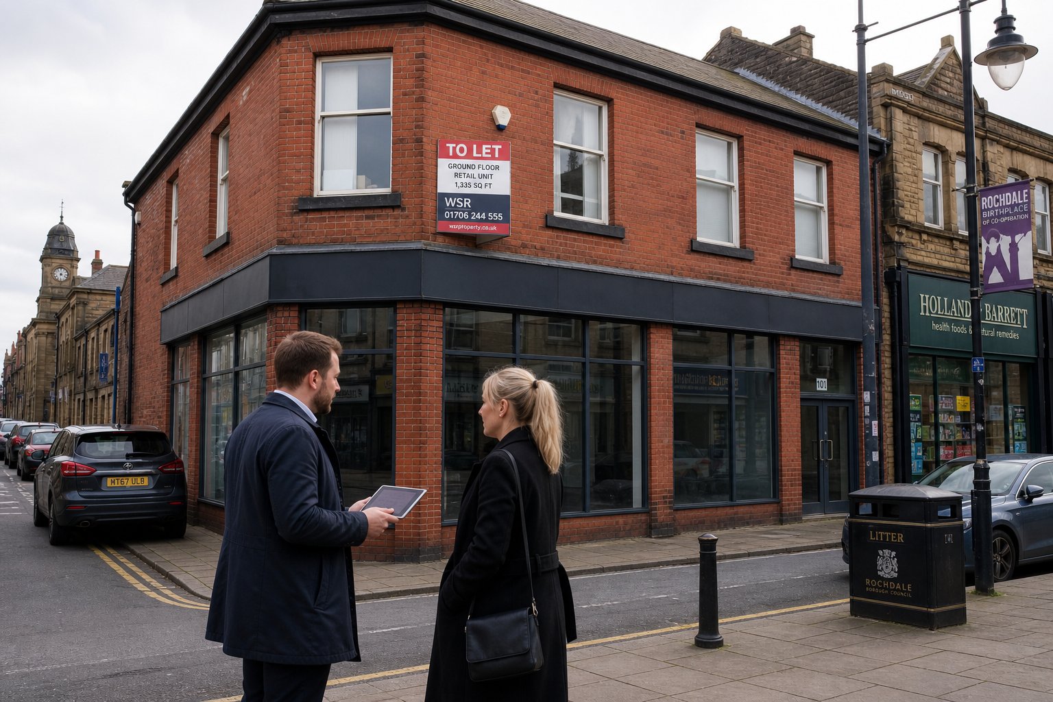Two professionals discussing a commercial property outside a red-brick building on a Rochdale street.