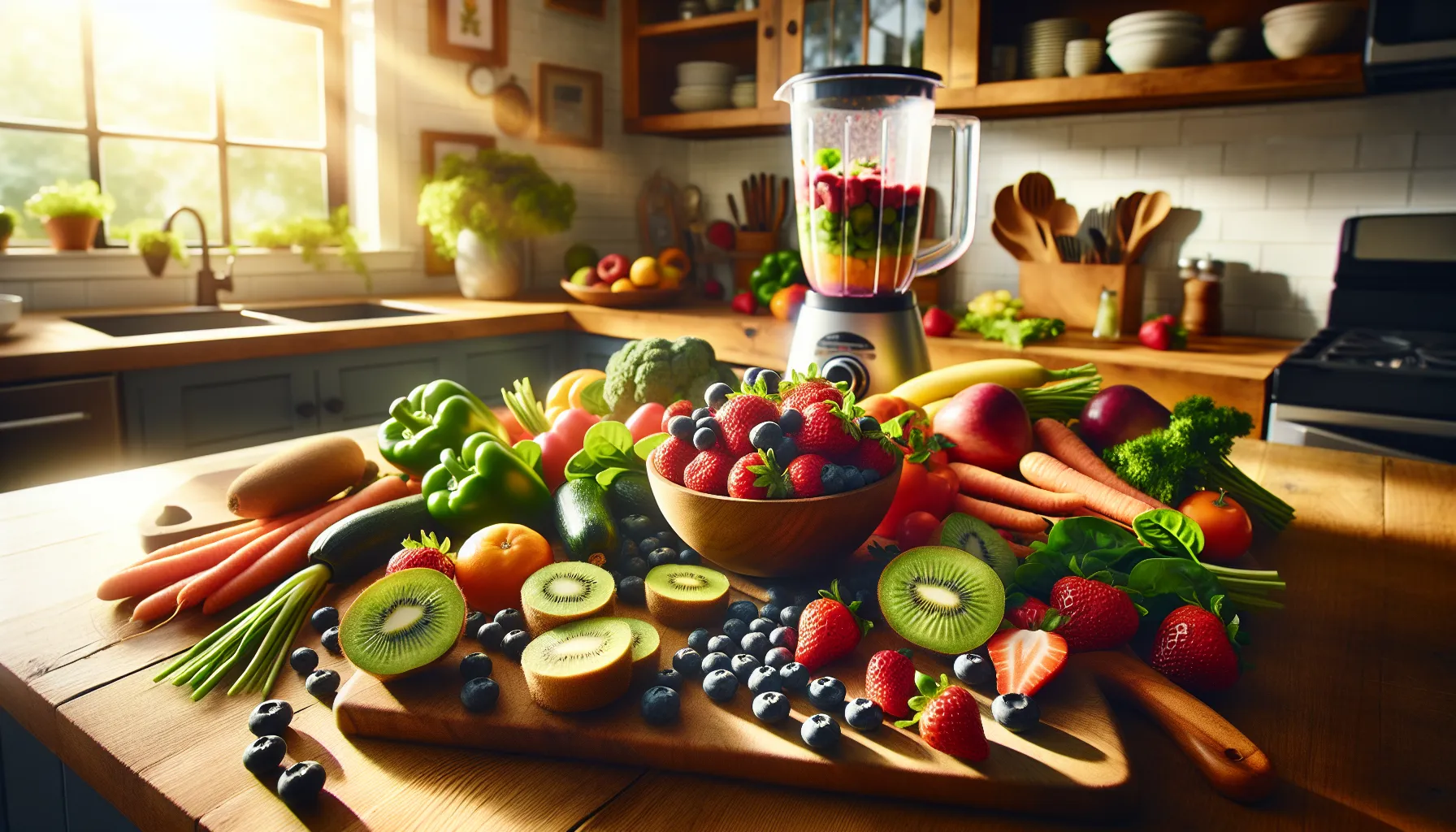 a colorful display of fruits and vegetables on a kitchen counter.