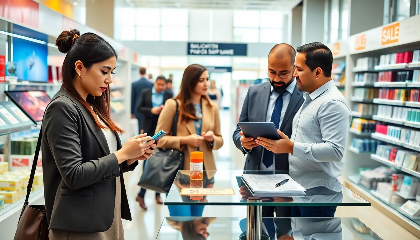 diverse shoppers analyzing products in a modern retail environment.