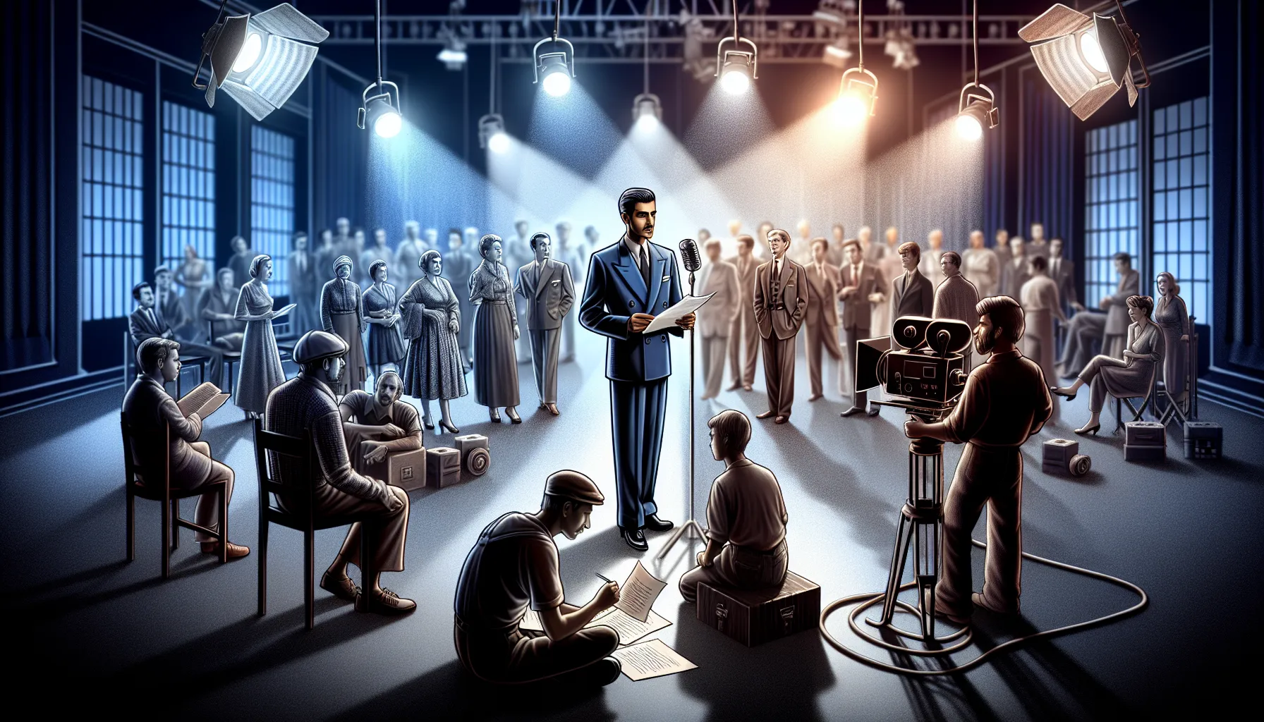 A central actor on a film set surrounded by background actors.