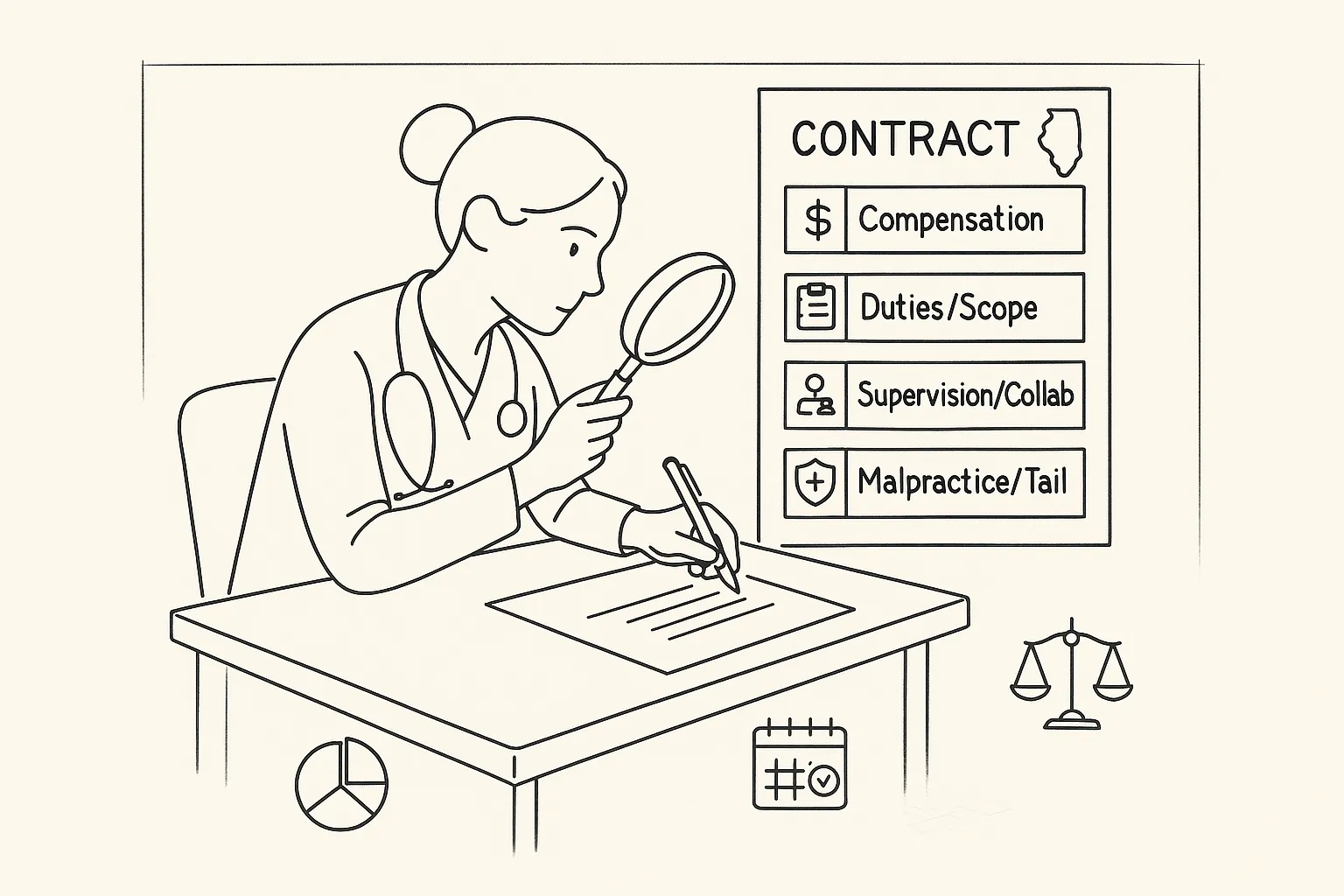 Nurse practitioner examining a contract with magnifying glass and labeled callouts.