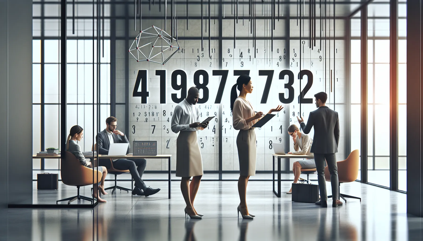 diverse professionals discussing the significance of a number in a modern office.