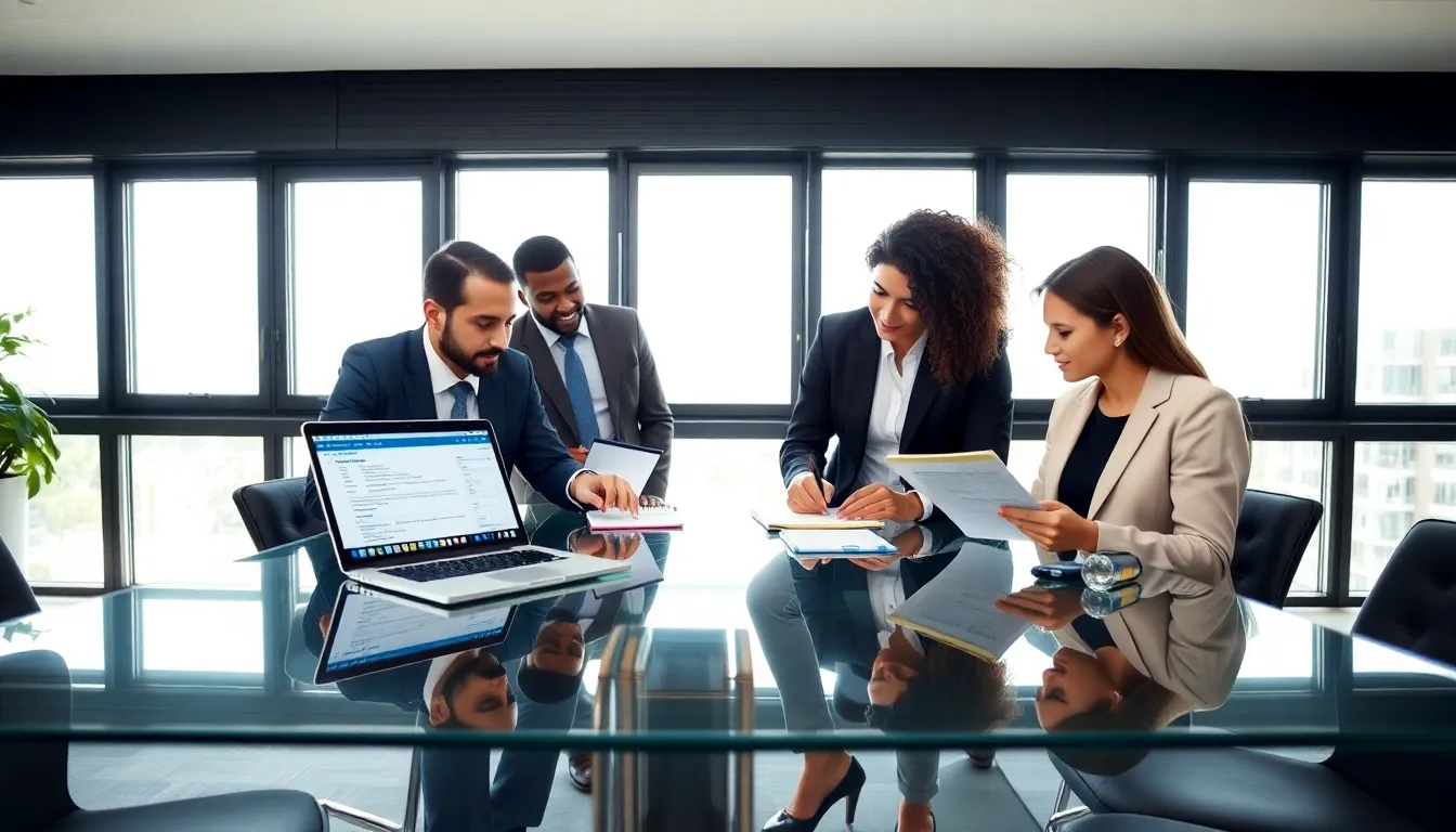 diverse team reviewing a rental application in a modern office.