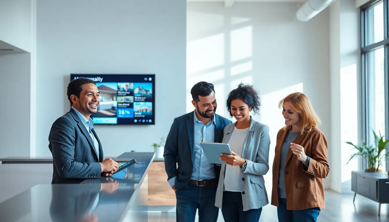 inviting real estate office with diverse agents assisting clients.