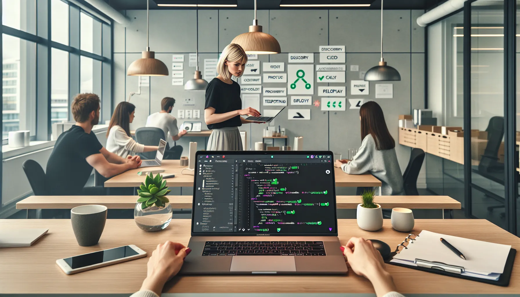 Developer reviews clean code as team collaborates on prototype in oslo office.