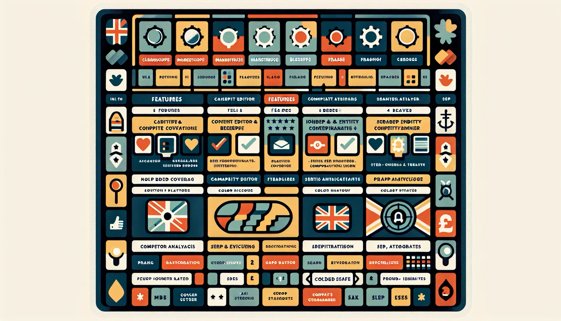 Matrix comparing Surfer SEO alternatives across features for UK-focused teams.