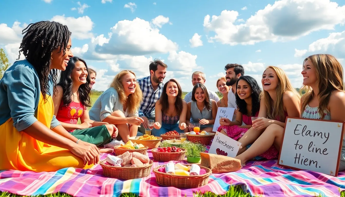 diverse group enjoying a creative outdoor picnic gathering.