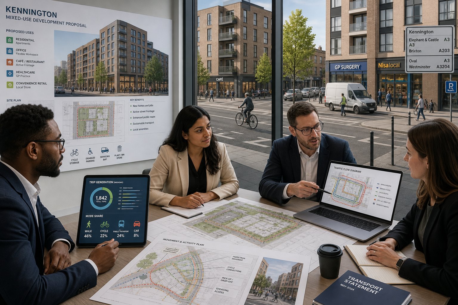 Traffic engineer reviewing urban development plans in a modern Kennington office.