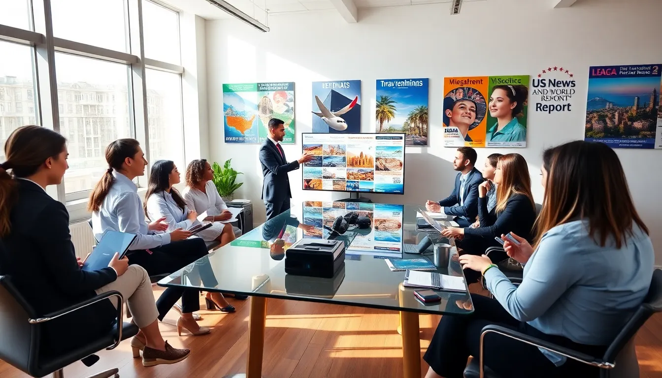 diverse travel professionals discussing travel rankings in a modern office.