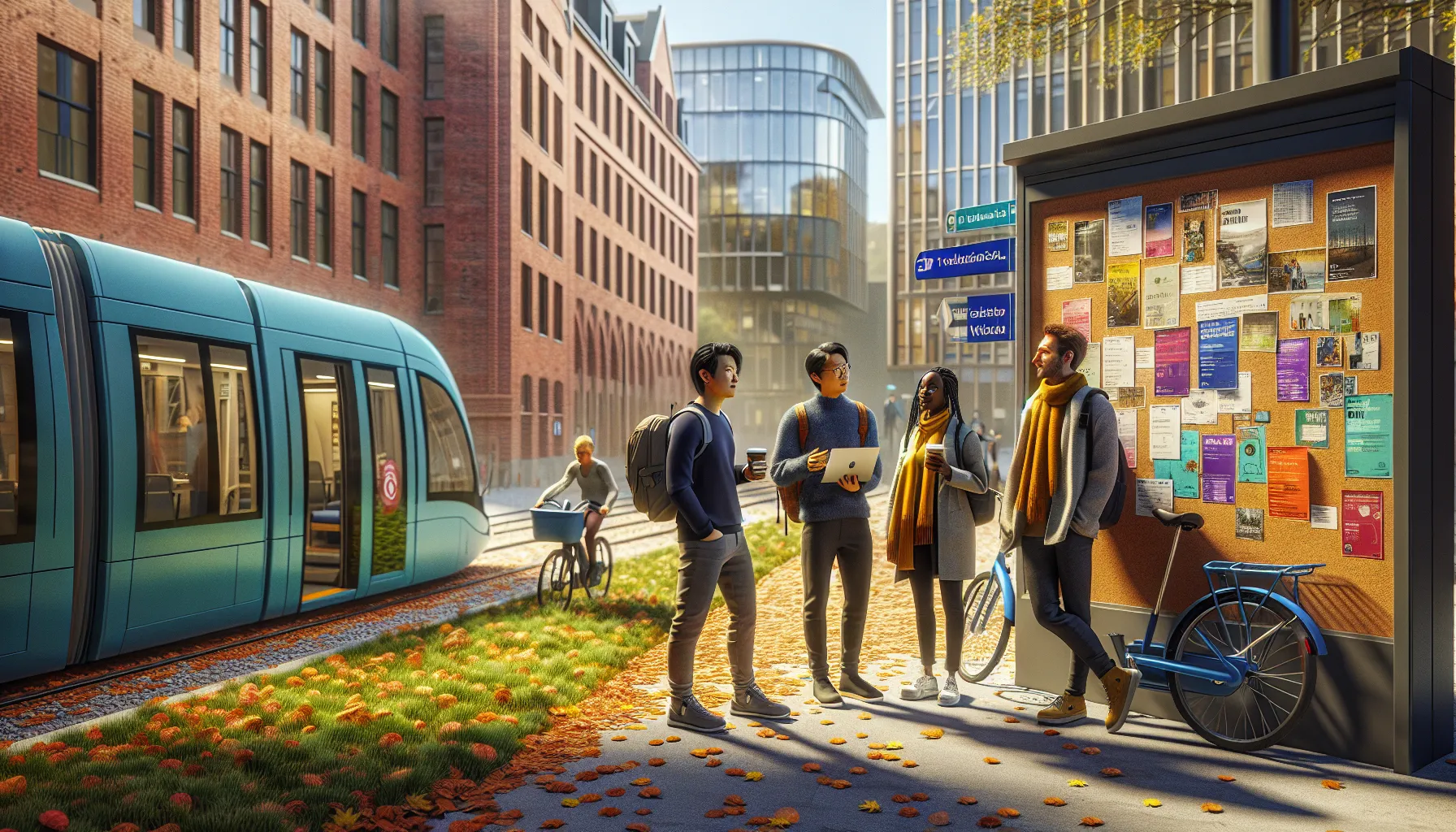 International students on oslo campus with tram, job flyers, and autumn light.