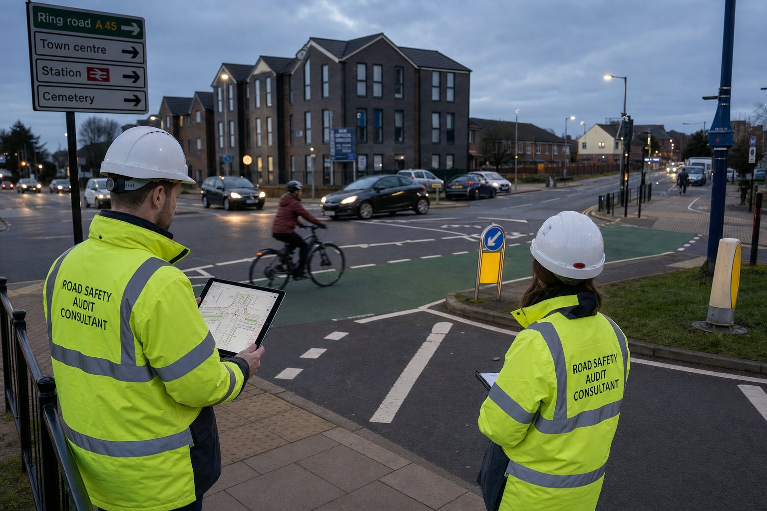 Road safety consultants assessing a UK junction, crossing, and cycle lane.