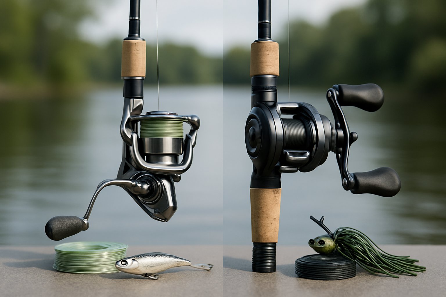 Spinning and baitcasting reels compared on two fishing rods.