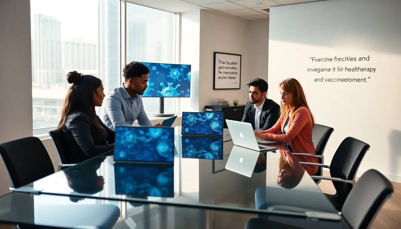 diverse biotech team discussing vaccine development in a modern office.