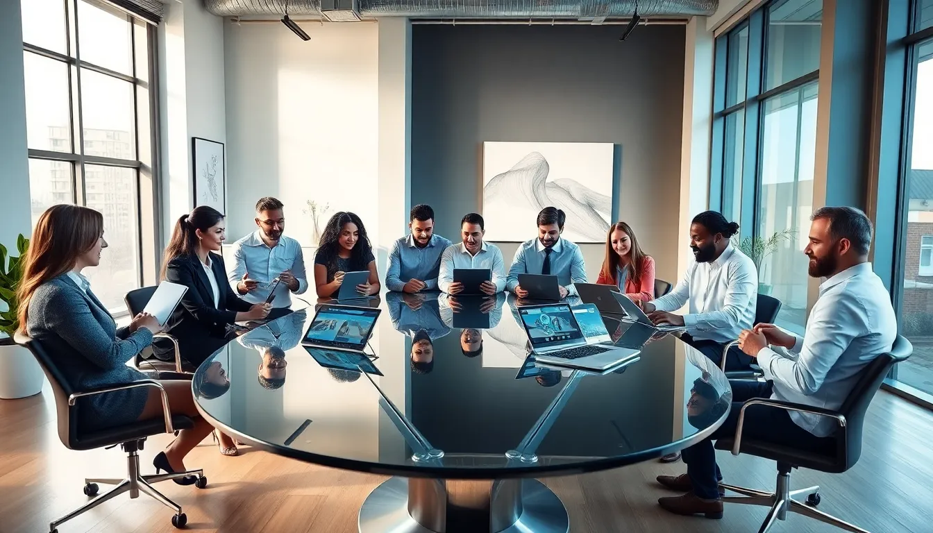 diverse team collaborating in a modern real estate office.