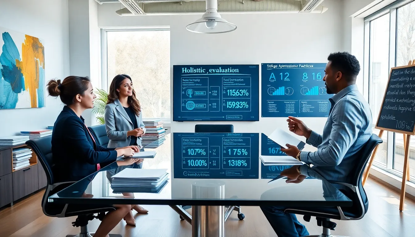 diverse admissions team discussing college application policies in a modern office.