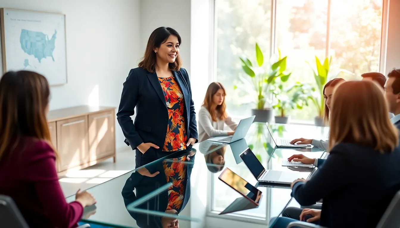 Carmen Geelew in a modern tech office, collaborating with diverse professionals.
