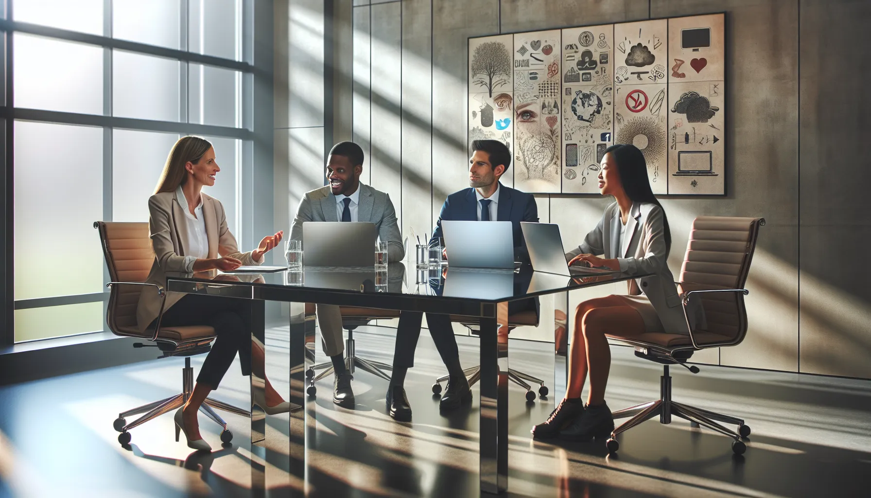 diverse team discussing modern expressions in a contemporary office.