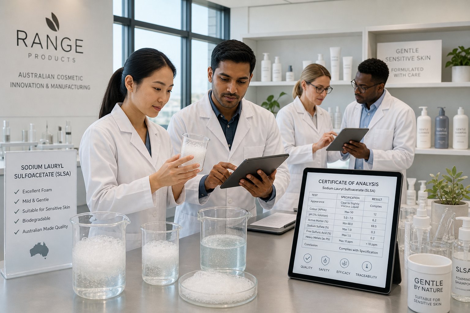 Cosmetic chemists formulating gentle skin and hair care products in a modern lab
