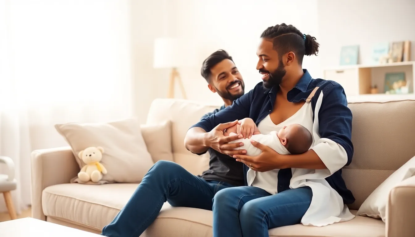 diverse couple with their newborn baby in a cozy living room.