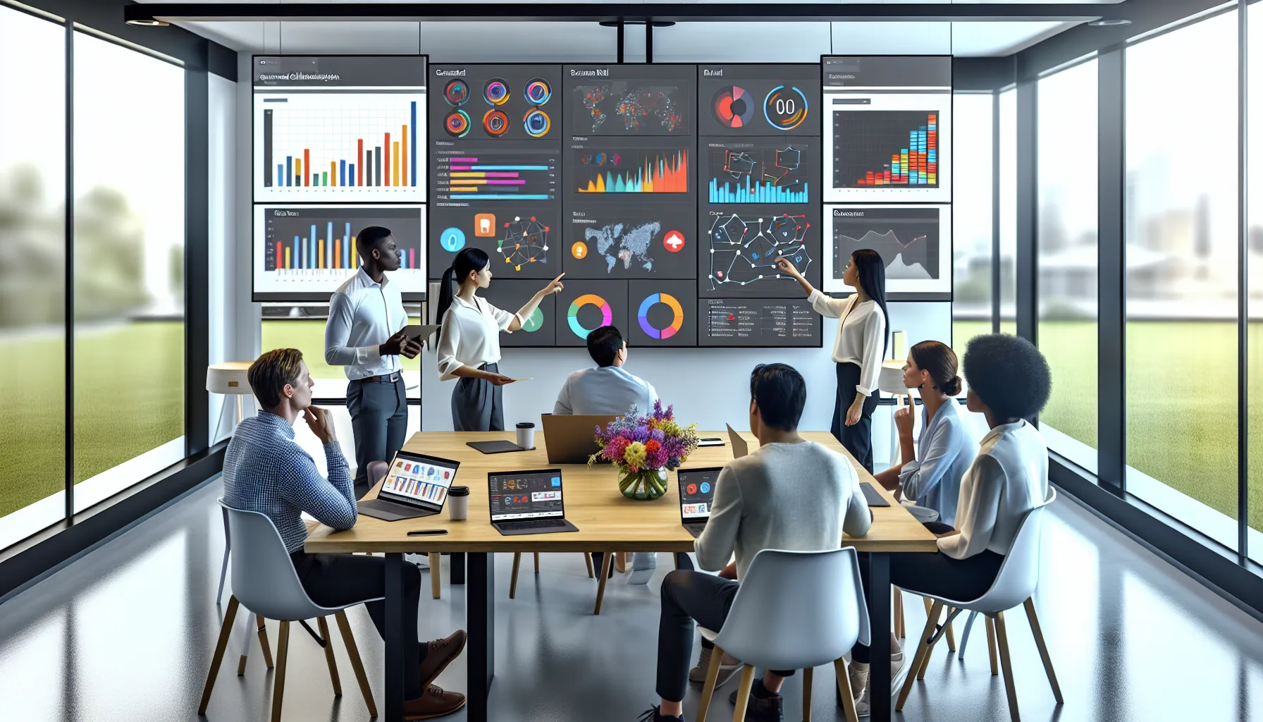 Data team collaborates on a shared Power BI dashboard in a modern office.