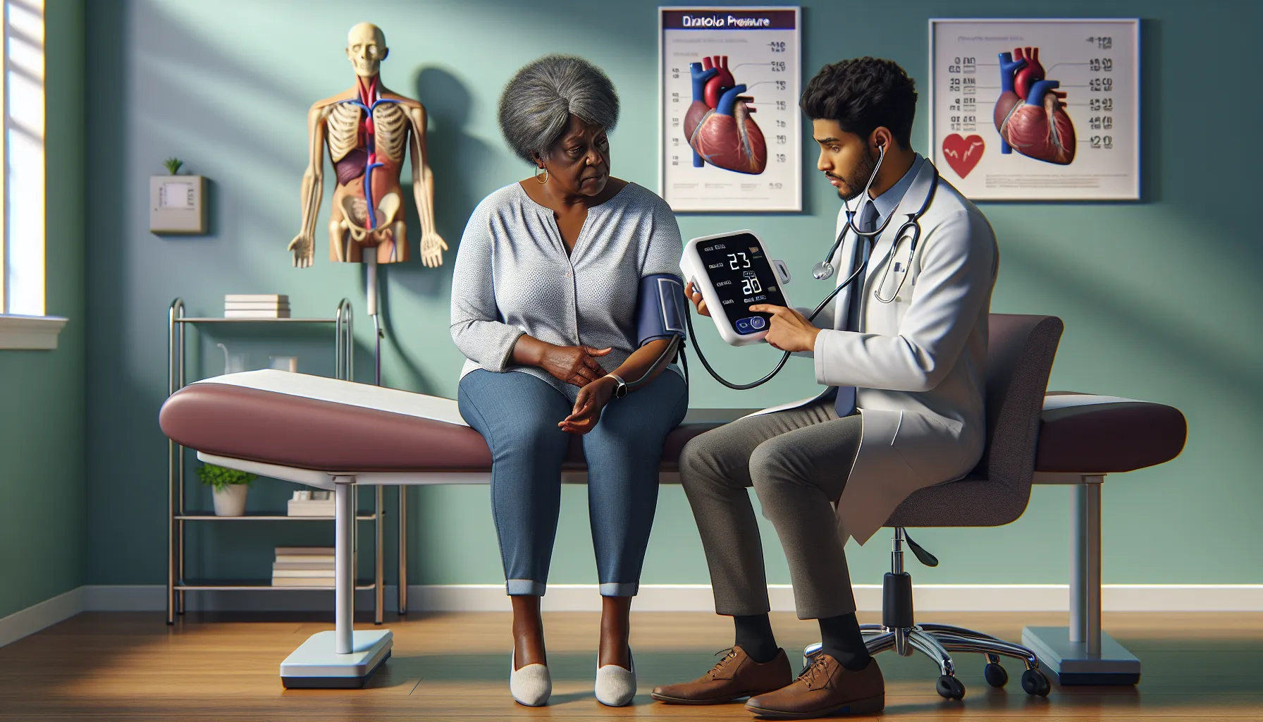 A doctor explaining blood pressure readings to a concerned patient.