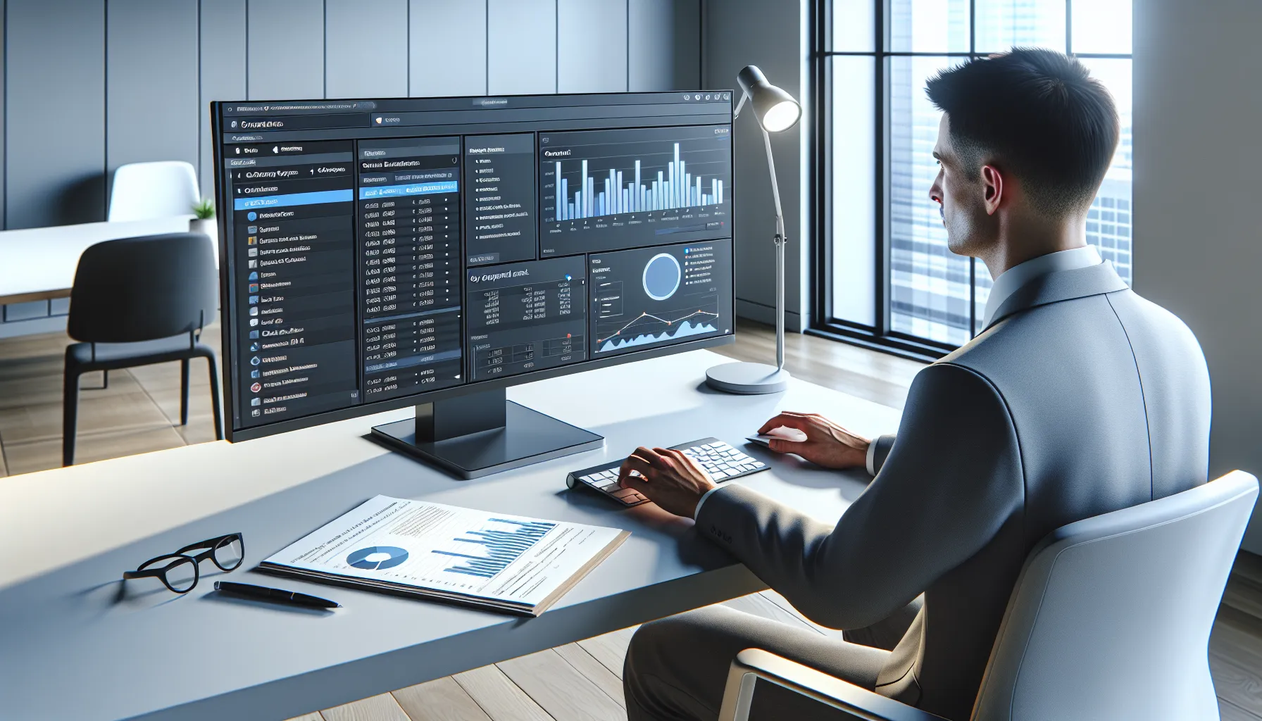 Office worker exporting Power BI reports to PDF on screen with printed pages nearby.