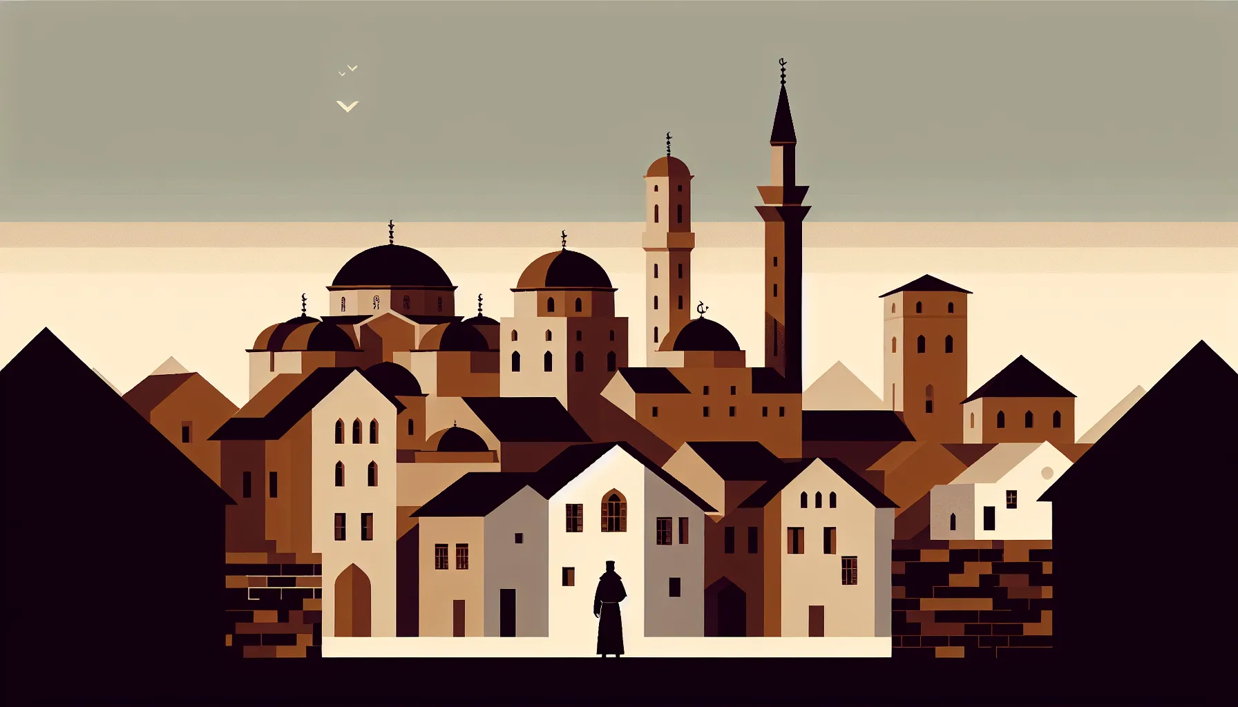 18th century Bosnian town with mosque and Franciscan friar silhouette