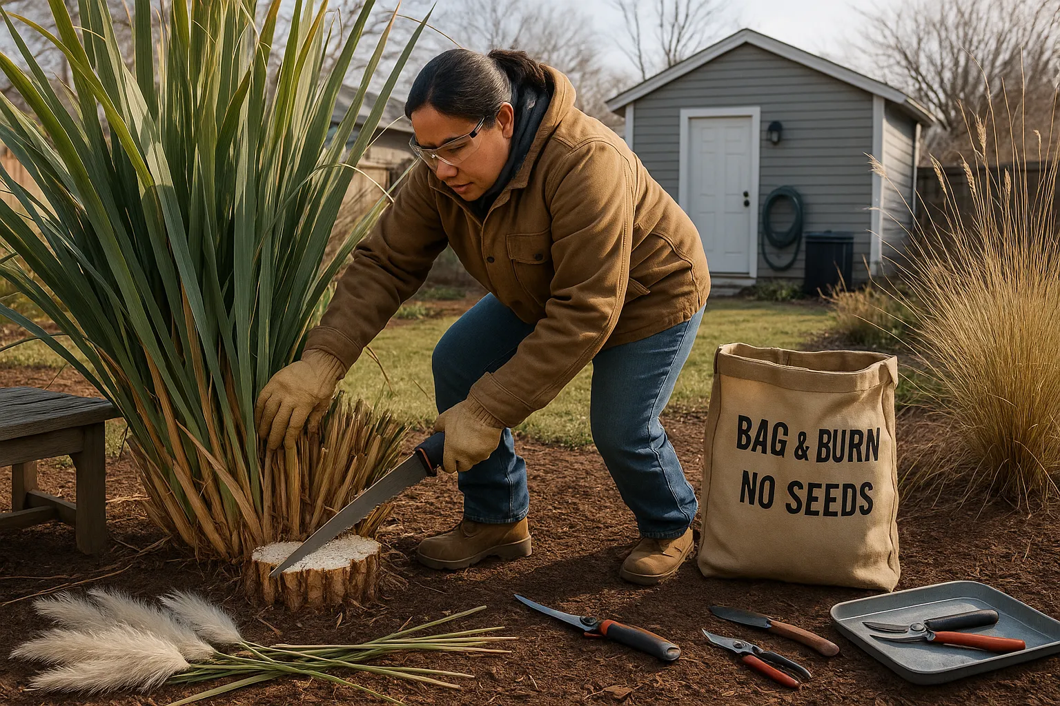 Gardener cutting pampas grass while Stipa gigantea stands tidy nearby.