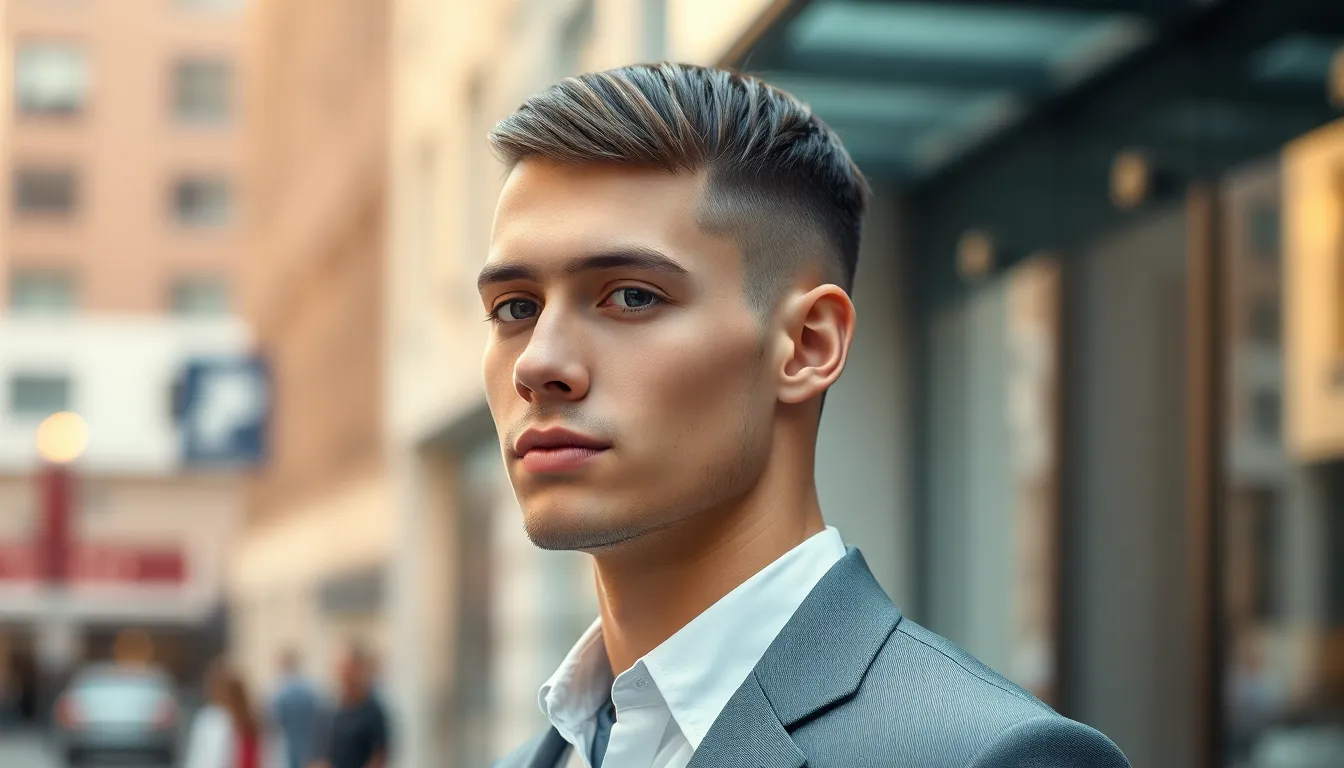 Male model with straight hair mid fade taper haircut in an urban setting.
