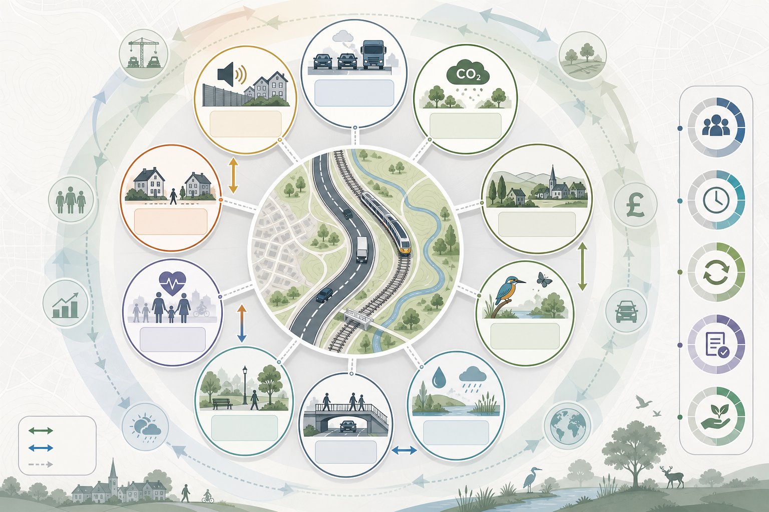 Transport environmental impact assessment infographic showing key effects and trade-offs in the UK.