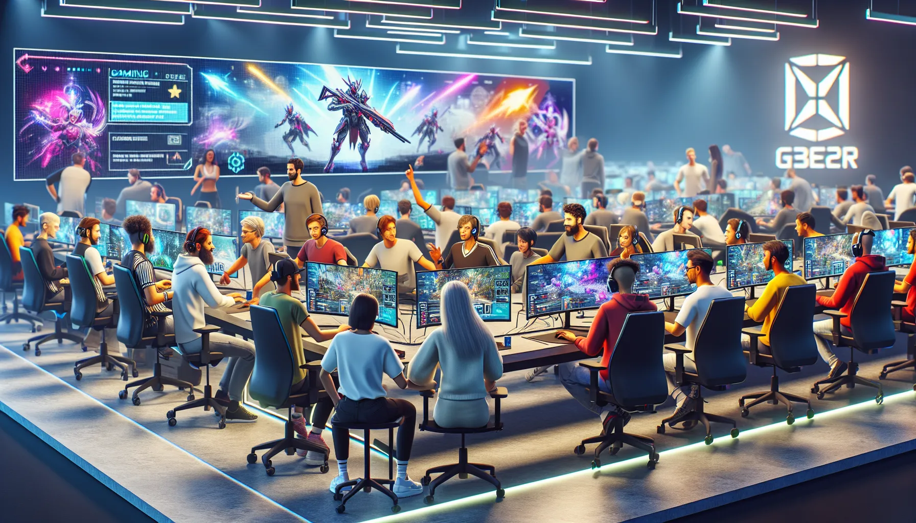 diverse gamers collaborating during an online gaming event.